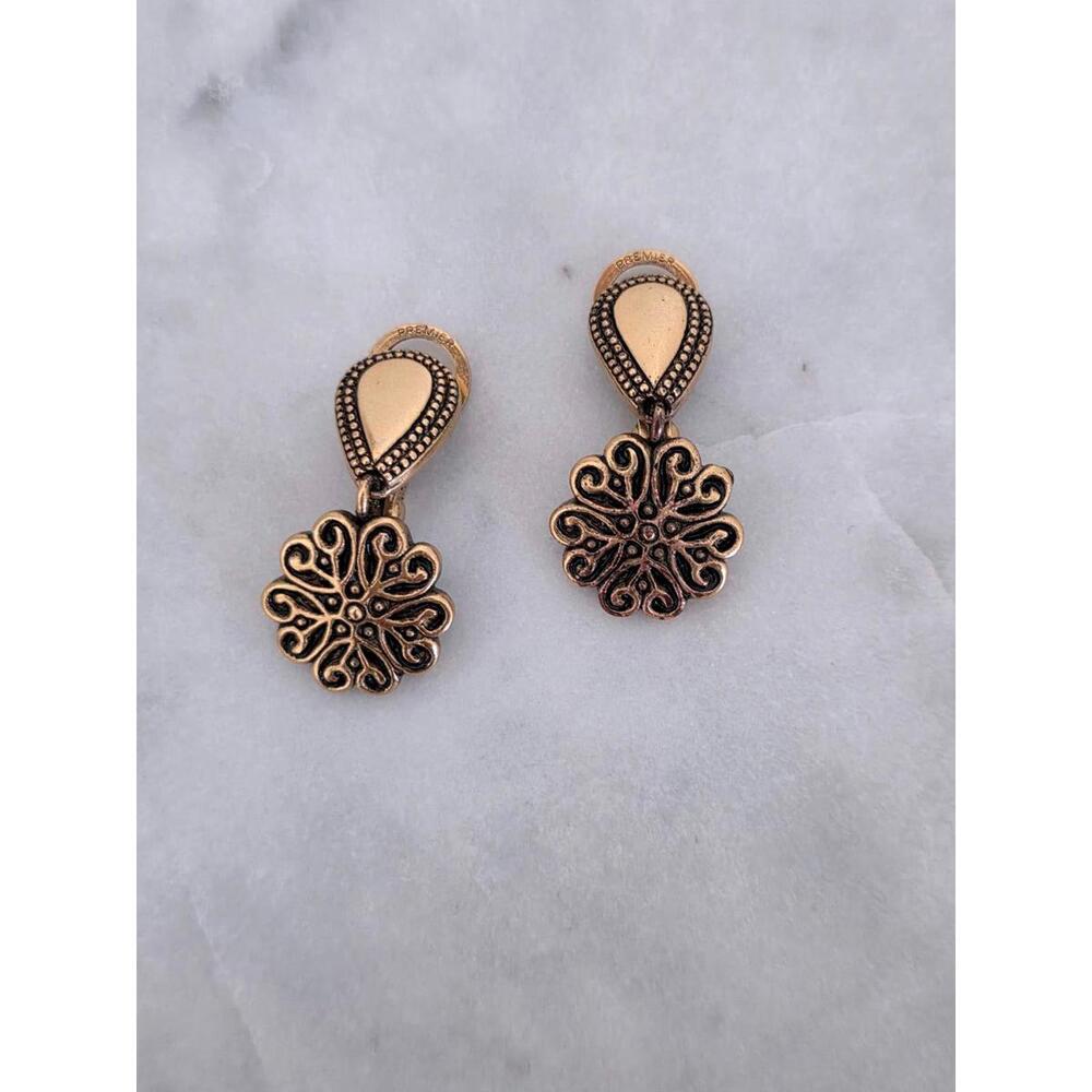 Vintage Premier Gold Tone Earrings – Ornate Drop Design with Built-In Post Backs